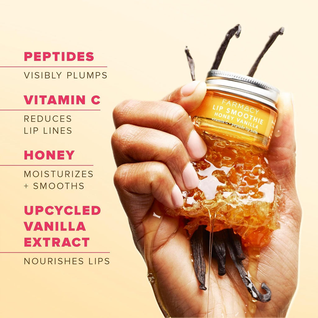 Farmacy Vitamin C + Peptide Hydrating Lip Balm - Lip Smoothie Moisturizing + Plumping Treatment - Smooths Lines with a High-Gloss Finish - Honey Vanilla (10g)