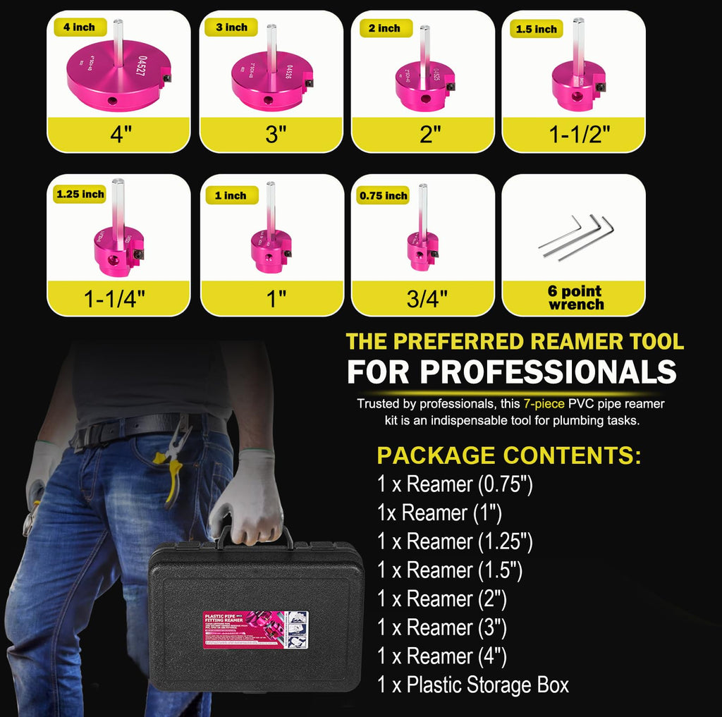 Premium 7Pcs PVC Pipe Reamer Kit For 1/2" Drills- Includes 3/4", 1", 1-1/4", 1-1/2", 2", 3", 4" Compatible with Standard 1/2" Drills,For SCH40 PVC, ABS PVC Pipe,CPVC Perfect for Plumbing Repairs