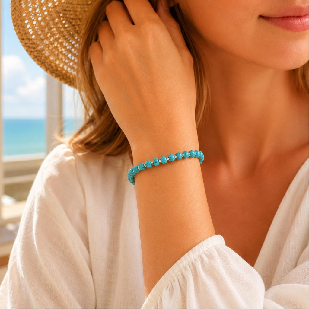 Sheplus 925 Sterling Silver Genuine Turquoise Beaded Bracelet for Women