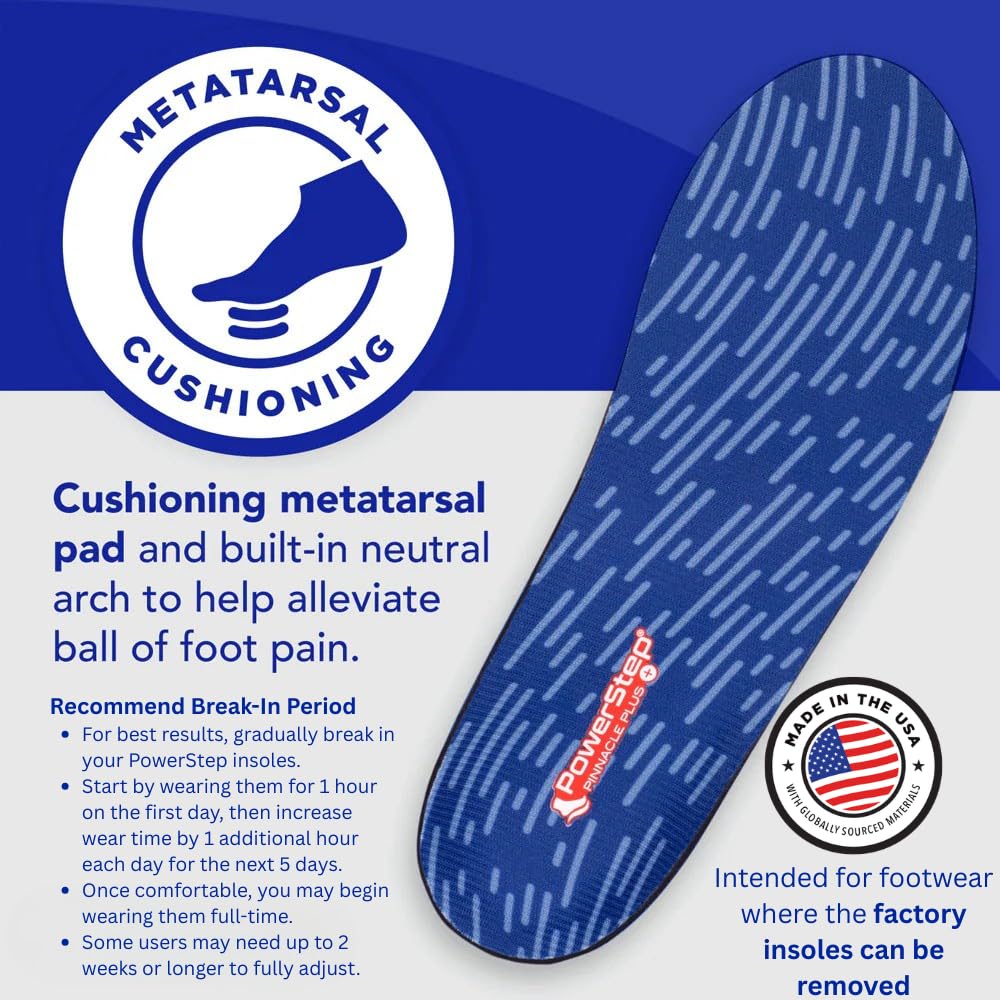 PowerStep Pinnacle Plus Met, Ball of Foot Pain Relief Orthotics, Shoe Inserts, Metatarsalgia, Arch Support, Morton's Neuroma Pain Relief, Shoe Insoles, Metatarsal Pad, Made in USA (M 10-10.5, W 12)