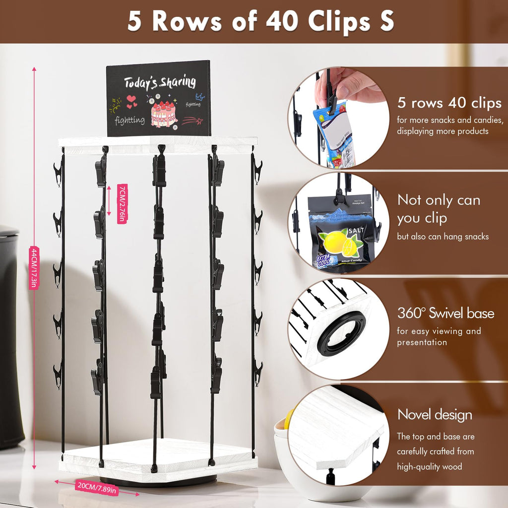 Pinzoveco Chip Rack Display Stand, 5 Tiers 40 Clips Snack Organizer for Office Desk, 360° Rotating Wooden Base Chip Holder Candy Display for Concession Stand, Countertop, Party, With Message Board