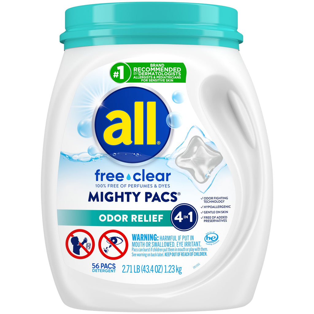 all free clear MIGHTY PACS Odor Relief, Laundry Detergent Pacs, 56 Count, Unscented and Hypoallergenic for Sensitive Skin, Dermatologist Tested, HE Safe