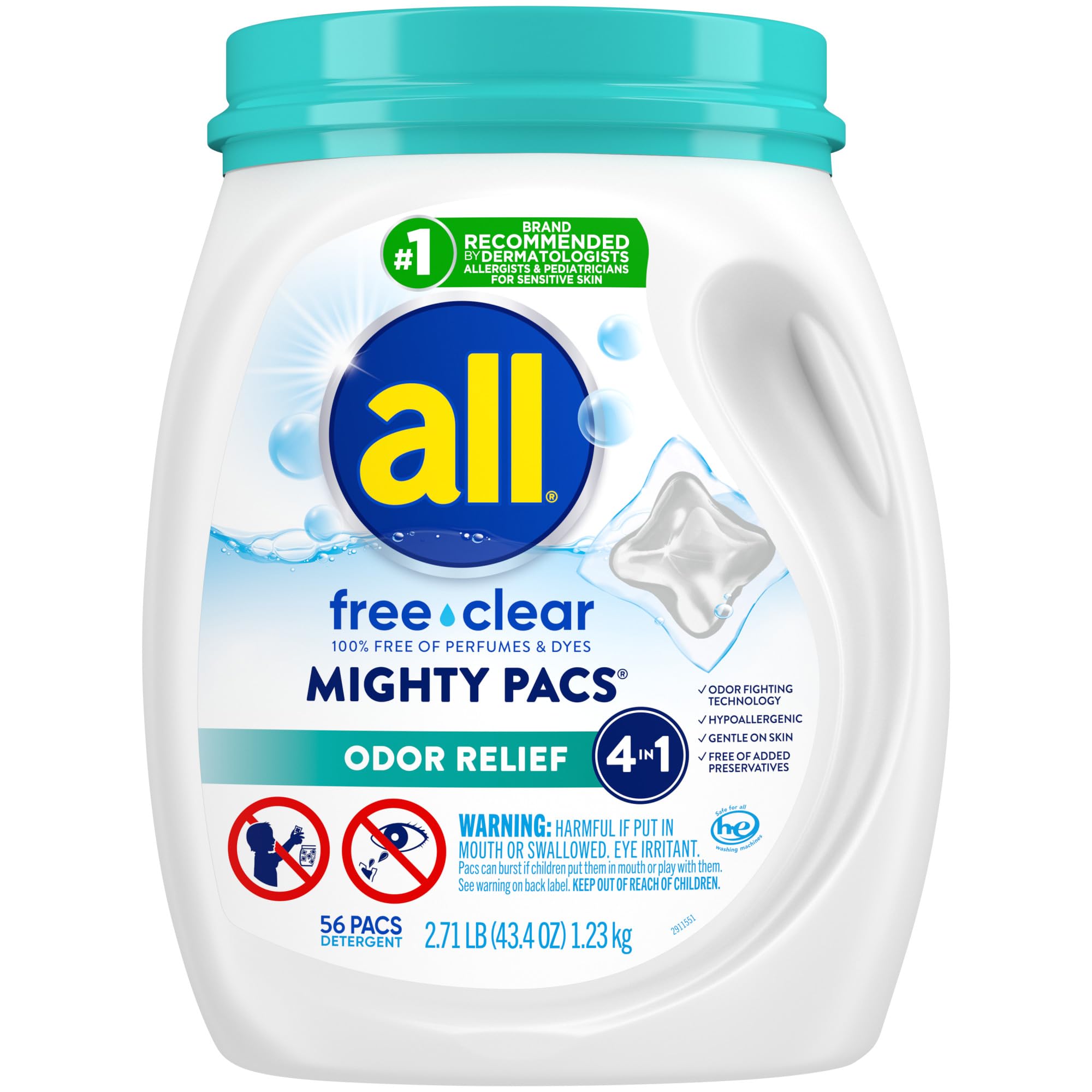 all free clear MIGHTY PACS Odor Relief, Laundry Detergent Pacs, 56 Count, Unscented and Hypoallergenic for Sensitive Skin, Dermatologist Tested, HE Safe