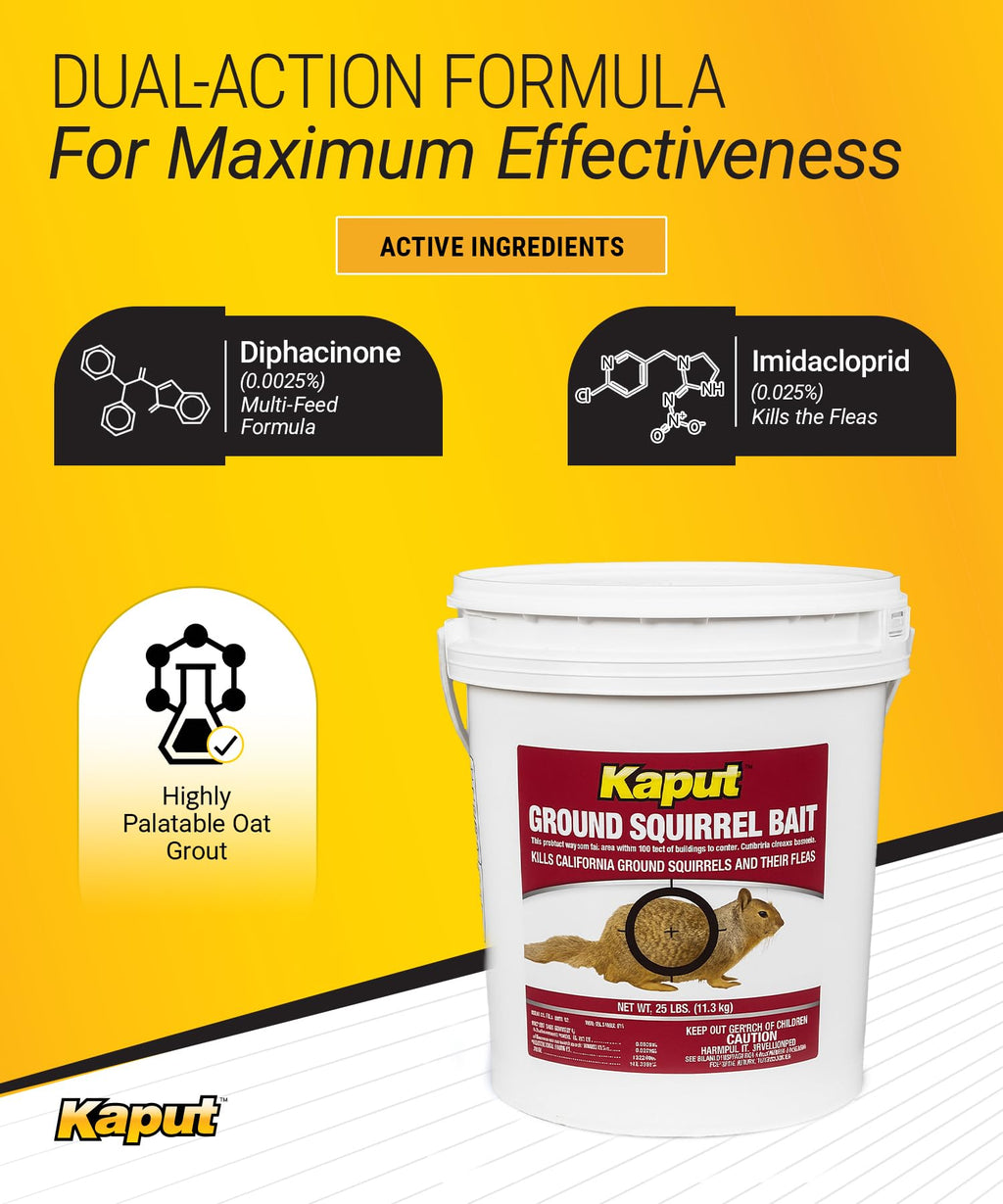 Kaput Ground Squirrel Bait - Effective Fleas & Squirrel Killer with Diphacinone & Imidacloprid - Targeted Pest Control for Outdoor Use, (25 lbs)