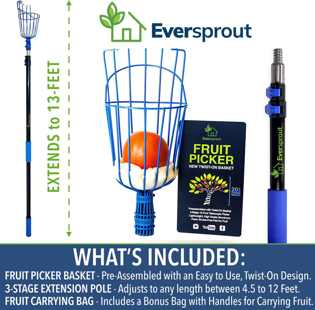 EVERSPROUT 4.5 to 12 Ft Fruit Picker with TwistOn Basket and Extension Pole