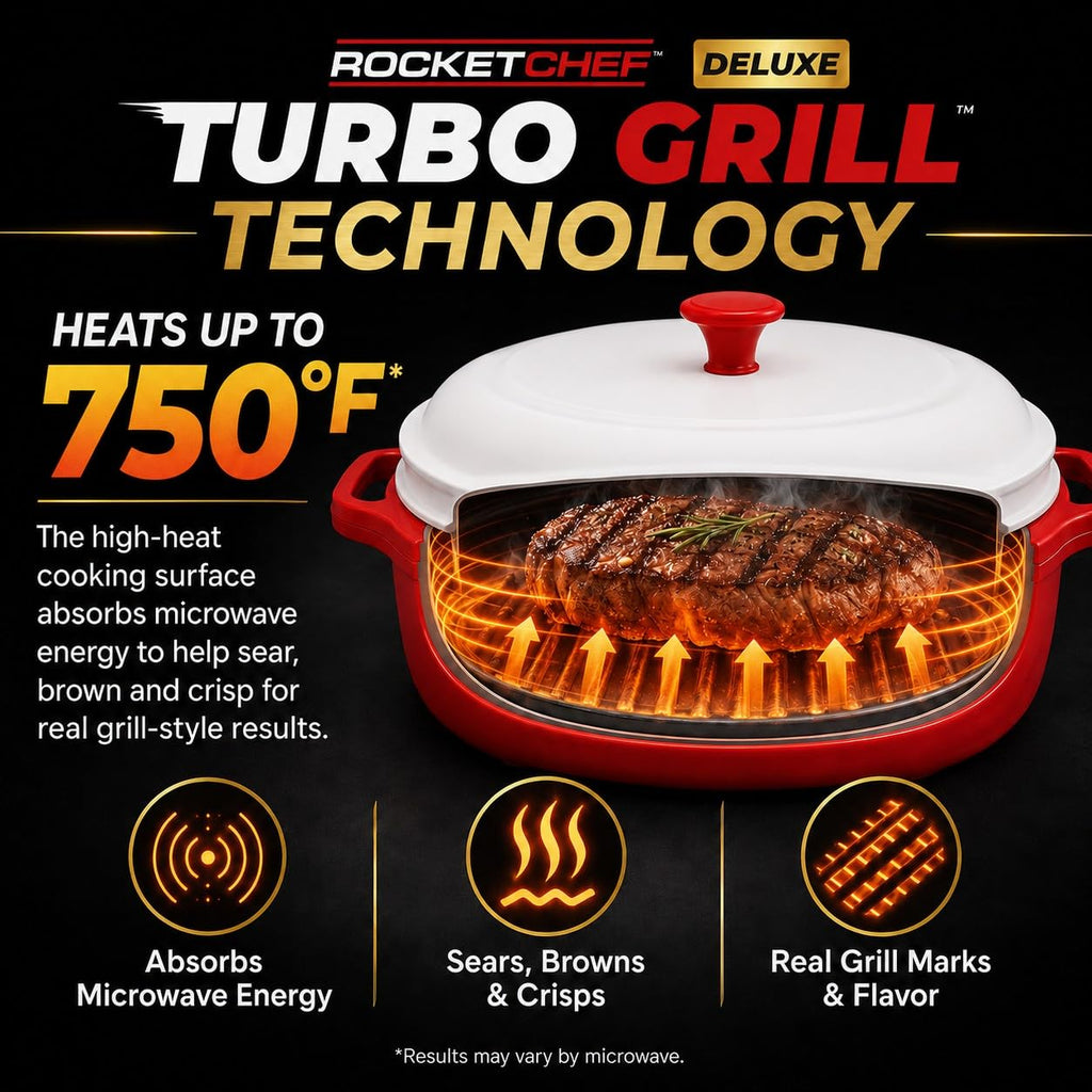 Rocket Chef Turbo Grill Deluxe Microwave Grill Pan, Vented Lid, Red