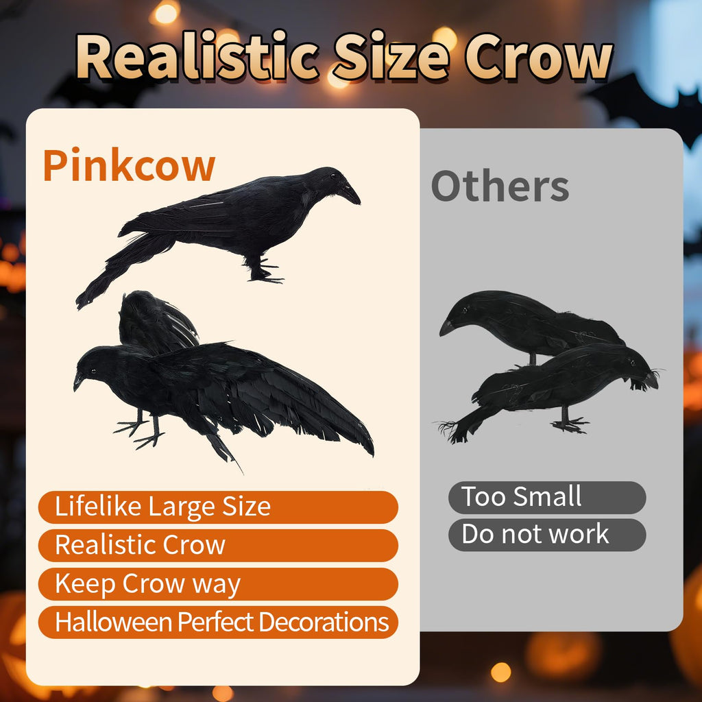 Black Fake Crows Halloween Decorations, 2 Pcs Large Realistic Feather Crows