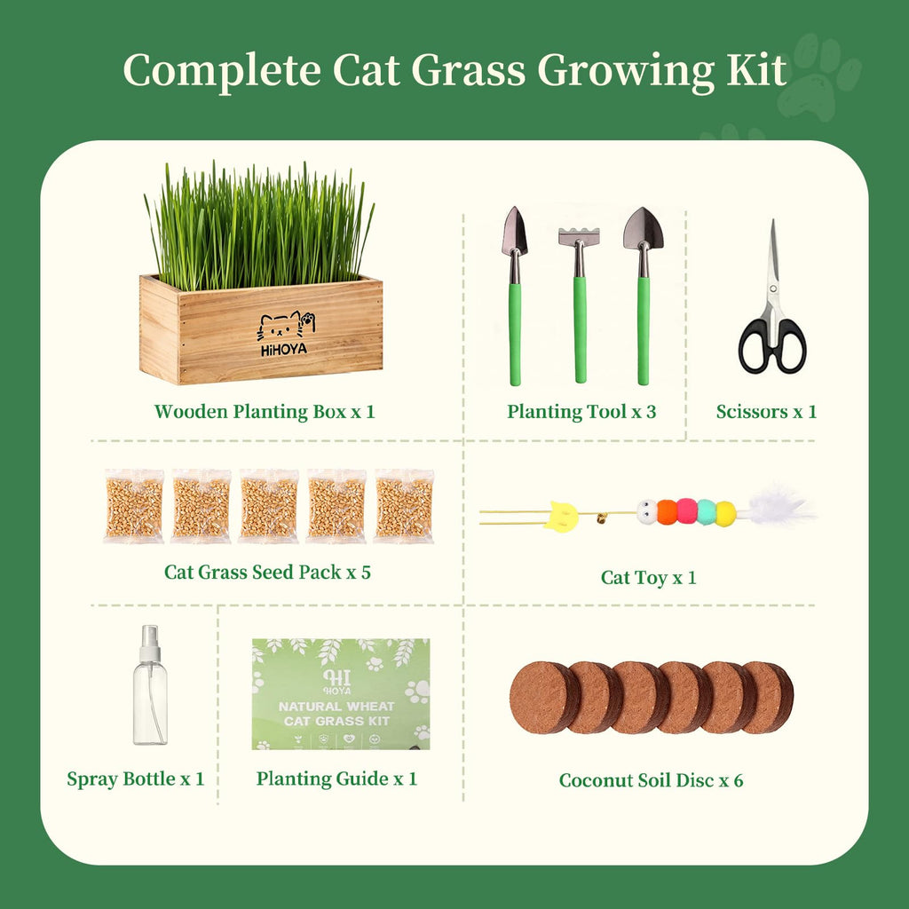 HiHOYA Cat Grass Kit for Indoor Cats - 5 Packets of Seeds, Cat Grass Planter Wooden Growing Kit, 5-Time Plant Starter Pack with 6 Soil Discs, Trimming Scissors, Spray Bottle, and Mini Tools