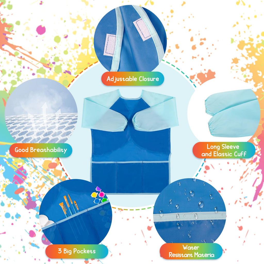 Bouiexye 6 Pack Kids Art Smocks Water-Resistant Toddler Paint Smocks Kids Painting Aprons with Long Sleeve 3 Pockets for Age 2-8 Years, Art Craft, Painting, Baking, Cooking (6 Colors)