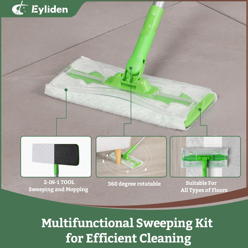 Eyliden Sweeper Mop with 36 Refills - 3 Types of Disposable Dry & Wet Cloths | Lock-Tight Design No Lost Pads, Universal Refills, Multi-Surface Sweeping Starter Kit for Pet Hair, Dust, Floor Cleaning