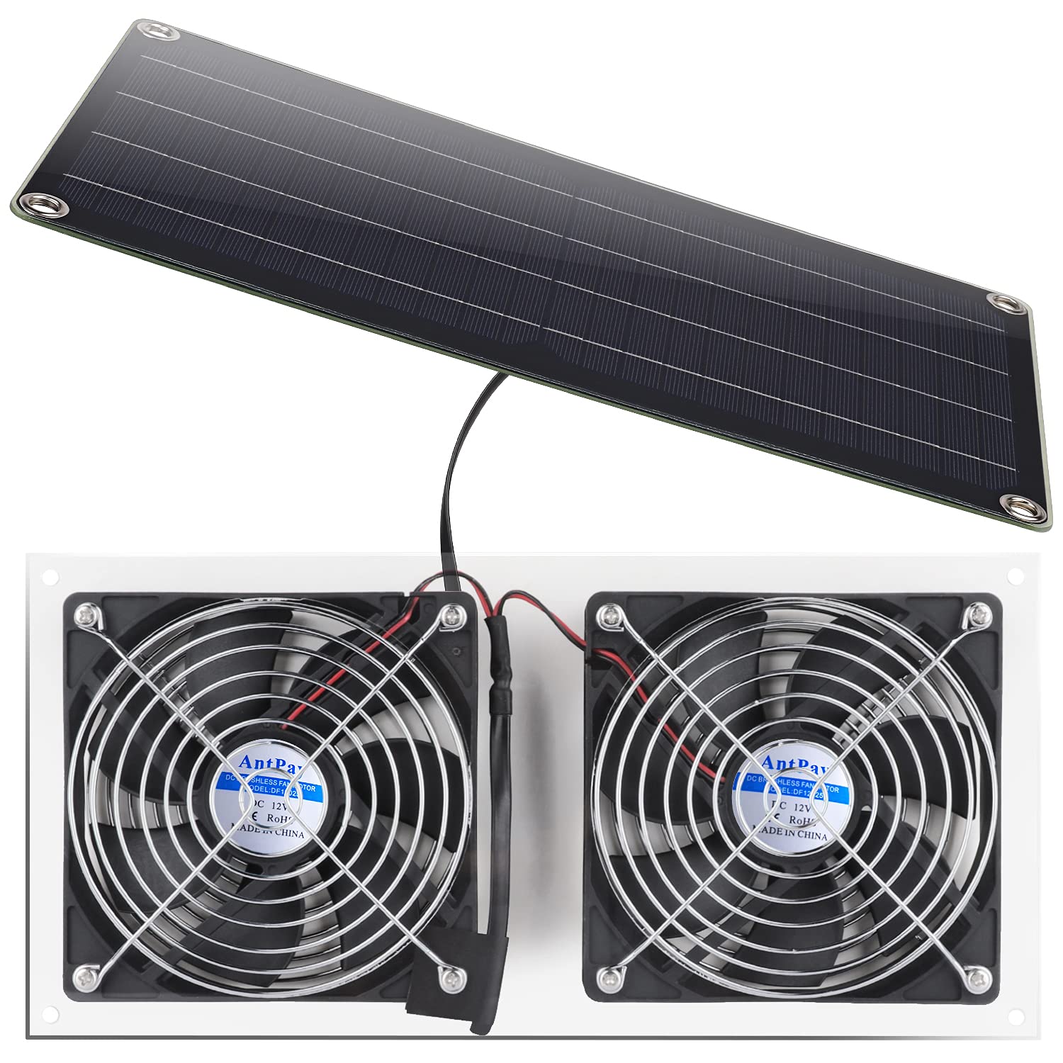 AntPay Solar Powered Fan Kit, IPX7 Weatherproof Dual Fan, Solar Exhaust Intake Cooling Ventilation for Chicken Coop,Greenhouse,Shed,Pet House,Outside with 11Ft/3.5m