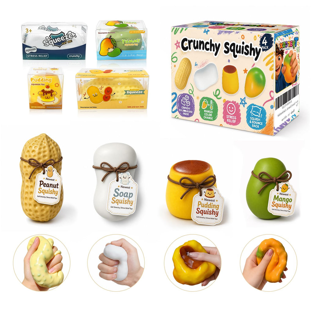 4 Pack Crunchy Squishy Stress Ball,Mango Pudding Peanut & Soap ASMR Fidget