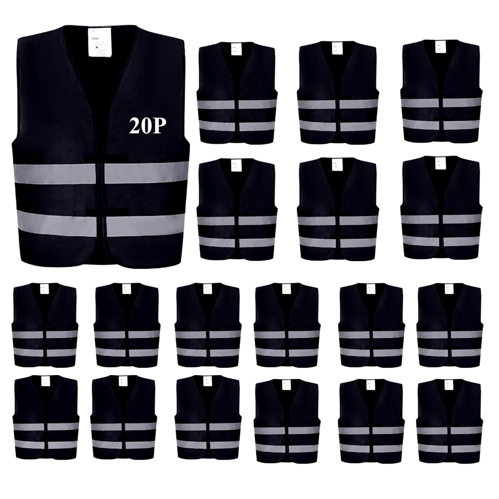 Lavori-AK Black Safety Vests 20 Pack - Reflective High Visibility Construction ANSI Class 2 Work Vests for Men,Woman,Hi Vis Mesh and Neon Silver Strip
