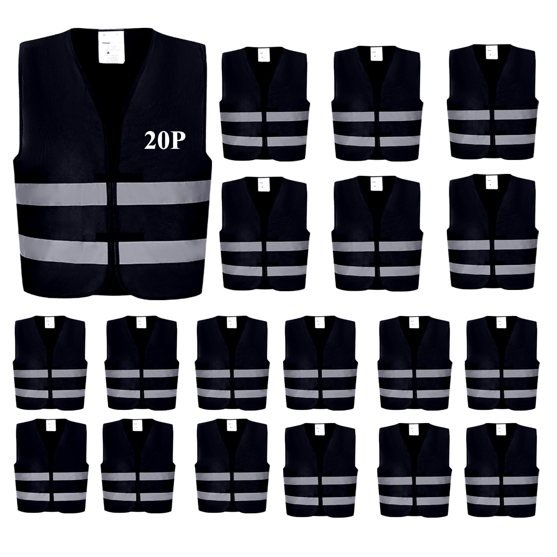 Lavori-AK Black Safety Vests 20 Pack - Reflective High Visibility Construction ANSI Class 2 Work Vests for Men,Woman,Hi Vis Mesh and Neon Silver Strip