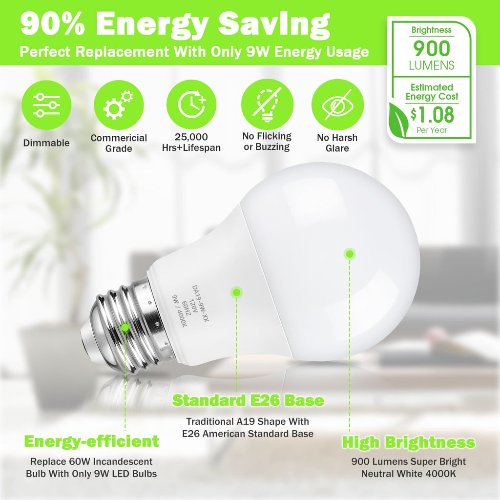 Maylaywood A19 LED Light Bulb, 60 Watt Equivalent, 4000K Neutral White, 900LM, E26 Base, Dimmable, 9W Bright White, 4-Pack