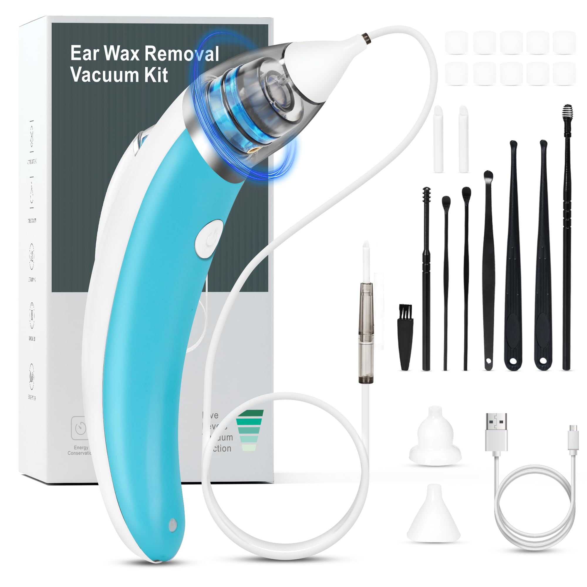 Ear Vacuum Ear Wax Removal Kit with 5 Levels Strong Suction, USB Rechargeable Reusable Electric Ear Suction Vacuum