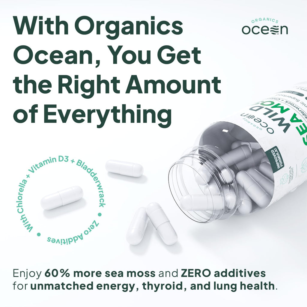 Organics Ocean Wild Sea Moss Capsules - 100% Organic Irish Sea Moss with Organic Chlorella, Bladderwrack and Vitamin D for Energy, Lung Health and Thyroid Support for Women and Men - 60 Capsules