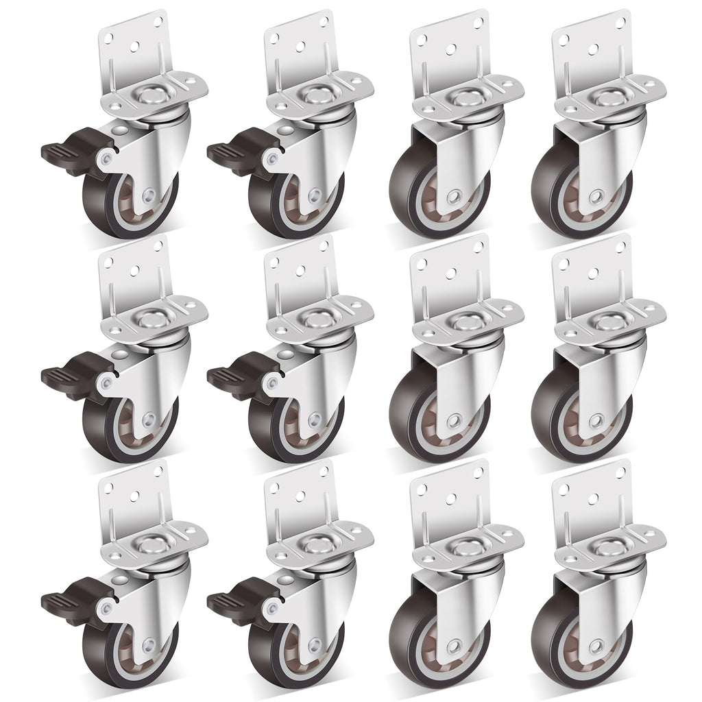 Nefish 2 Inch Side Mount Casters Wheels 12 Pack, L-Shaped Rubber Casters Wheels for Furniture, Plate Castors 2 X 4, Durable Heavy Duty Castor Wheels for Cabinet, Boxes, DIY, Desk, Table, Crib