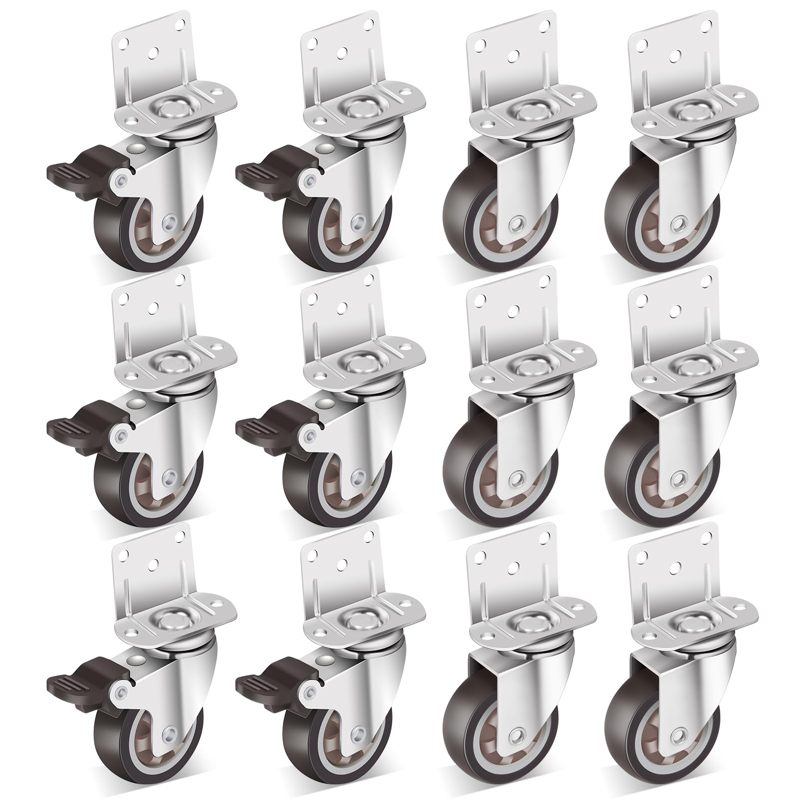 Nefish 2 Inch Side Mount Casters Wheels 12 Pack, L-Shaped Rubber Casters Wheels for Furniture, Plate Castors 2 X 4, Durable Heavy Duty Castor Wheels for Cabinet, Boxes, DIY, Desk, Table, Crib
