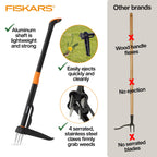 Fiskars Deluxe Stand-Up Weed Puller Tool, 4 Serrated Stainless Steel Claws