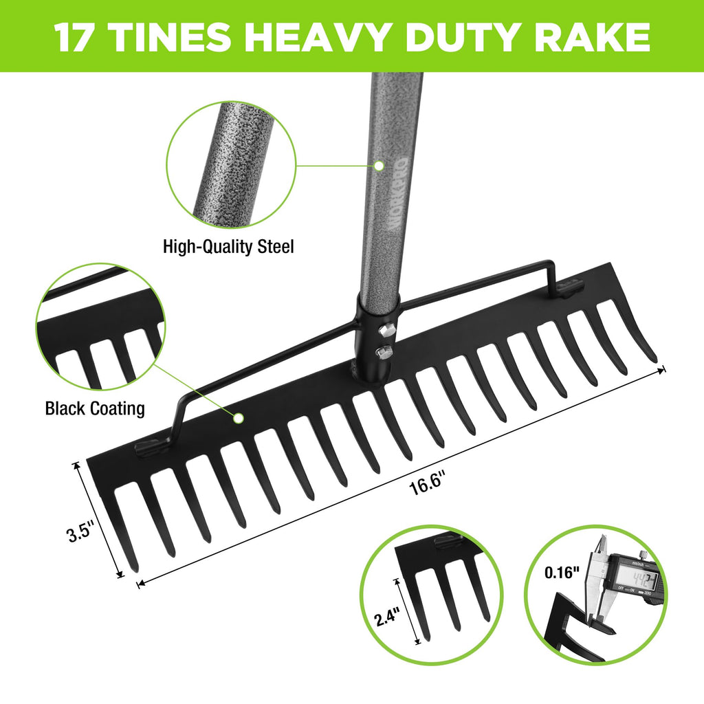 WORKPRO 65 Inch Bow Rake, 17-Tine Metal Head Rake with Adjustable Handle