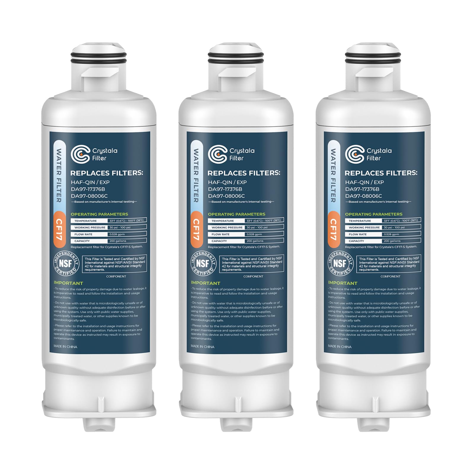 Crystala Filters Replacement for DA97-17376B Water Filter, NSF 42 Compatible with Samsung HAF-QIN, HAF-QIN/EXP, DA97-08006C, RF23M8070SG, RF23M8070SR, RF23M8090SG, RF23M8570SR (3 Pack)