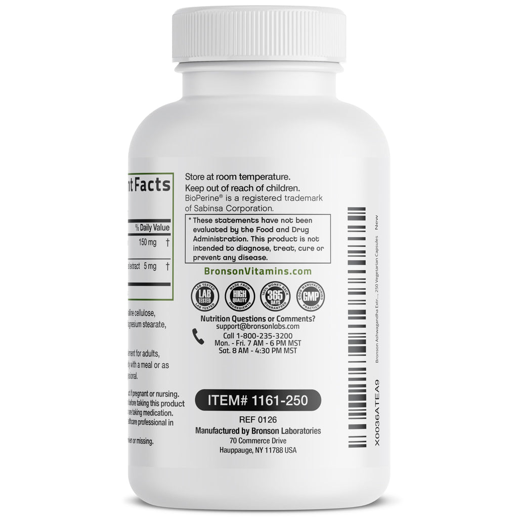 Bronson Ashwagandha Extra Strength Stress & Mood Support with BioPerine - Non GMO Formula, 250 Vegetarian Capsules