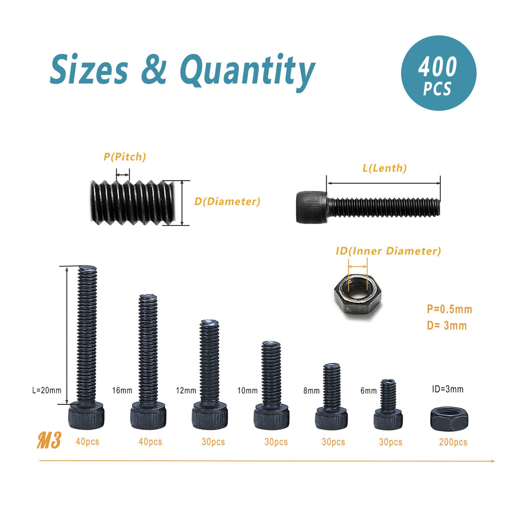 Kadrick 450 Pcs Stainless Steel M3 Button Head Hex Socket Cap Screws Bolts, M3 x 16/20/25/30/35/40mm Screw and Nuts Flat Washer Assortment Kit, Fully Machine Thread