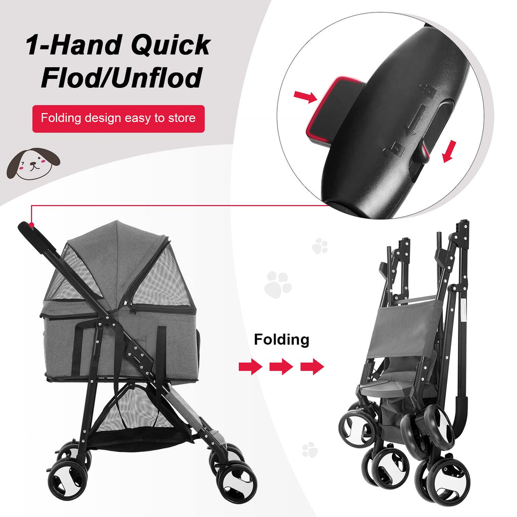 BestPet Pet Stroller Premium 3-in-1 Multifunction Dog Cat Jogger Stroller for Medium Small Dogs Cats with Folding Lightweight Travel & Detachable Carrier,Grey