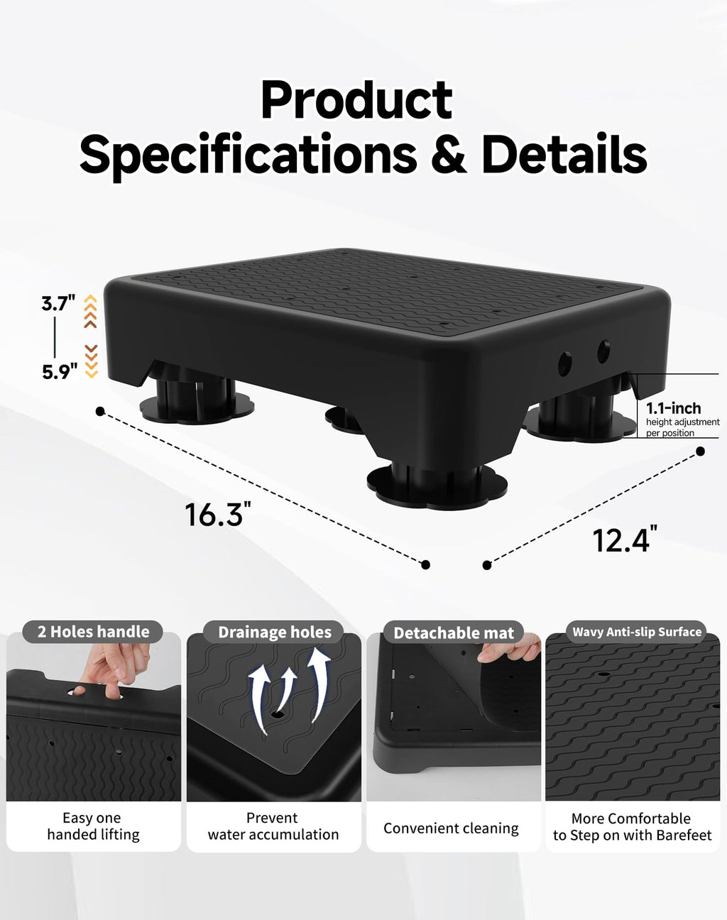 Adjustable Step Stool for Adults, Toddler Step Stools, 660 LBS Capacity Non-Slip Safety Step Platform for Elderly, Portable Stair Assist for Cars, Bedside, Kitchen, and Shower, Black