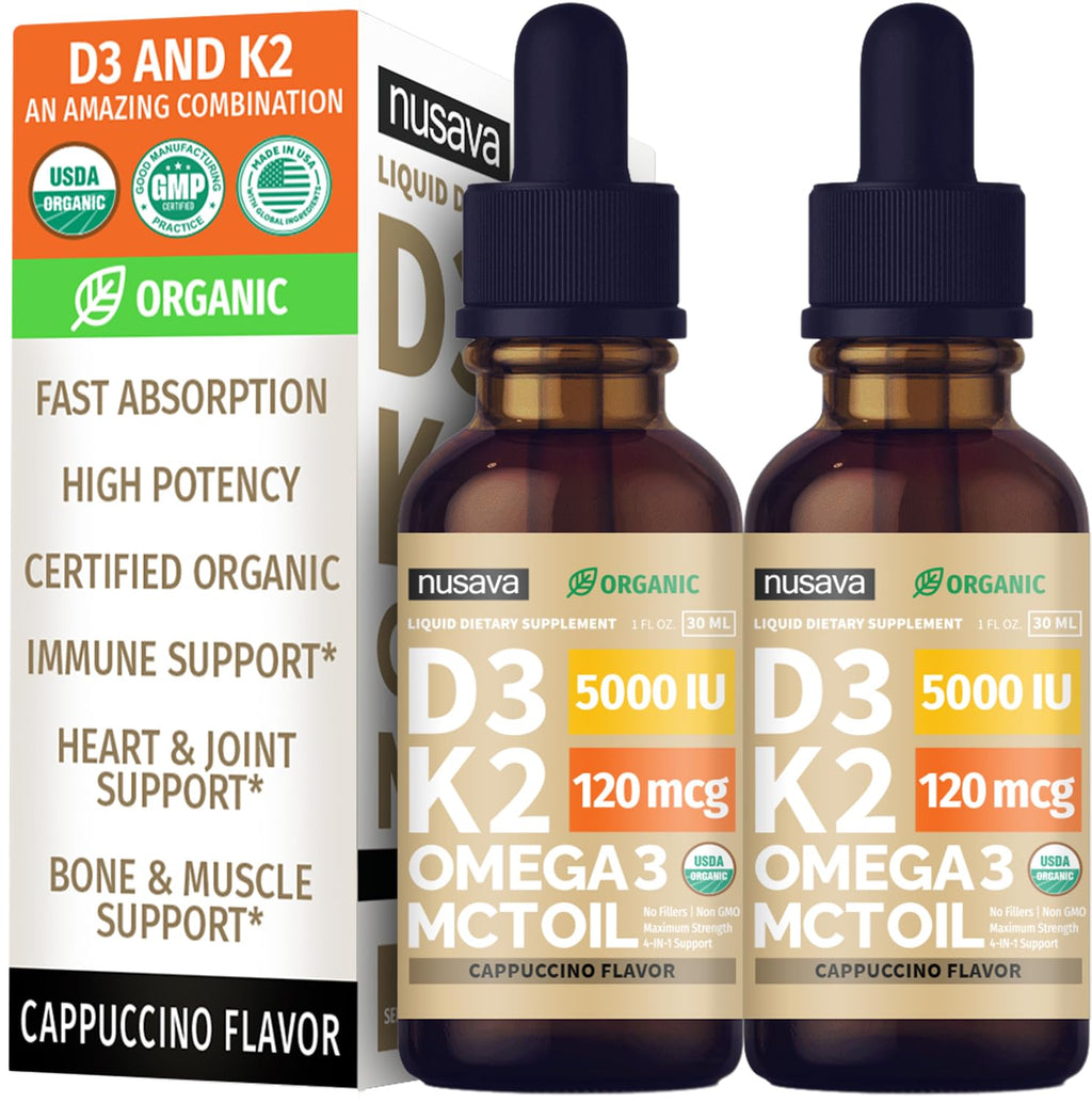 (2 Pack) Organic Vitamin D3 K2 Drops with MCT Oil Omega 3, 5000 IU, Maximum Strength Vitamin D Liquid, No Fillers, Non-GMO Liquid D3 for Faster Absorption, Immune Support (Cappuccino Flavor, 2 Fl Oz)