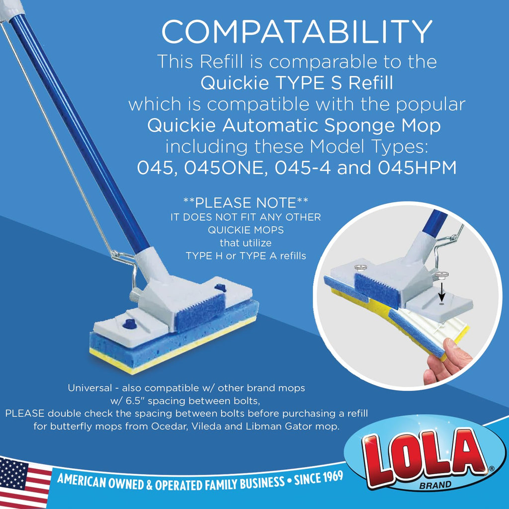 LOLA Cellulose SqueezeMatic Butterfly Sponge Mop Refill, 9", 12 Pack, Floor Cleaning, Comparable w/Quickie Type S Sponge Mop Refill