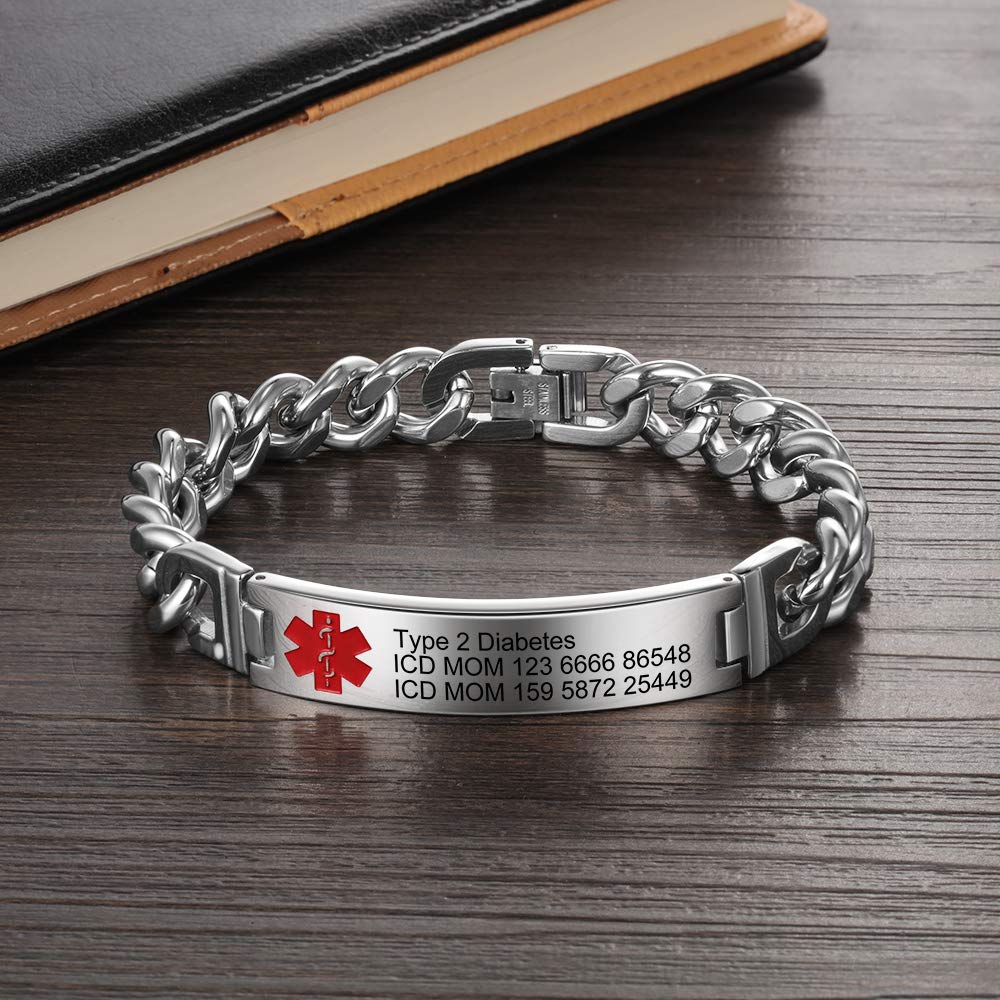 Giftider Custom Medical Alert Bracelet Engraved Emergency ID Stainless Steel Bracelets for Adults Men Women 7.5-8.5-9.8 Inch