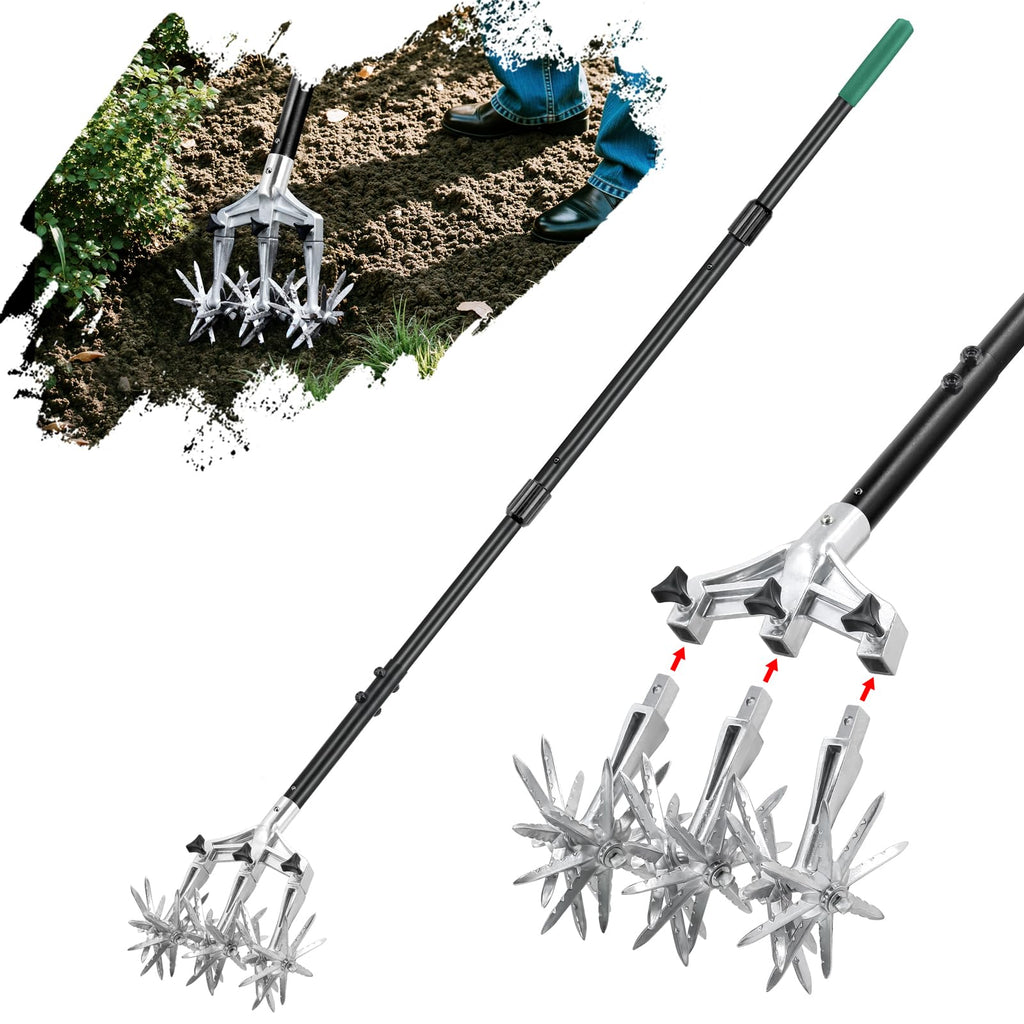 Altdorff Rotary Cultivator Garden Tool for Gardening and Lawn(61''), Rotary Hand Tiller with Detachable Thicker Tines&Sturdy Steel Handle, Manual Tiller Cultivator for Soil or Reseeding Grass