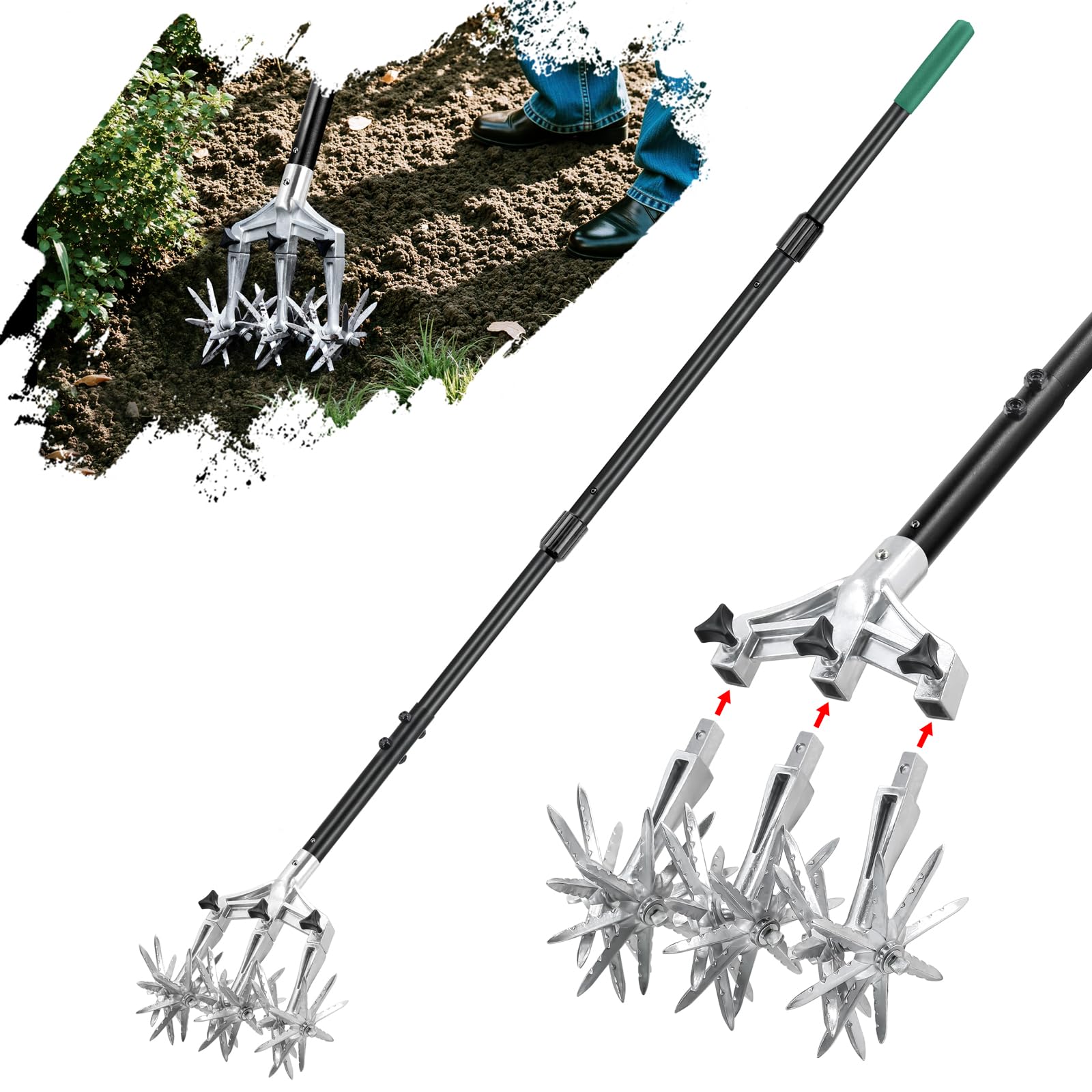 Altdorff Rotary Cultivator Garden Tool for Gardening and Lawn(61''), Rotary Hand Tiller with Detachable Thicker Tines&Sturdy Steel Handle, Manual Tiller Cultivator for Soil or Reseeding Grass