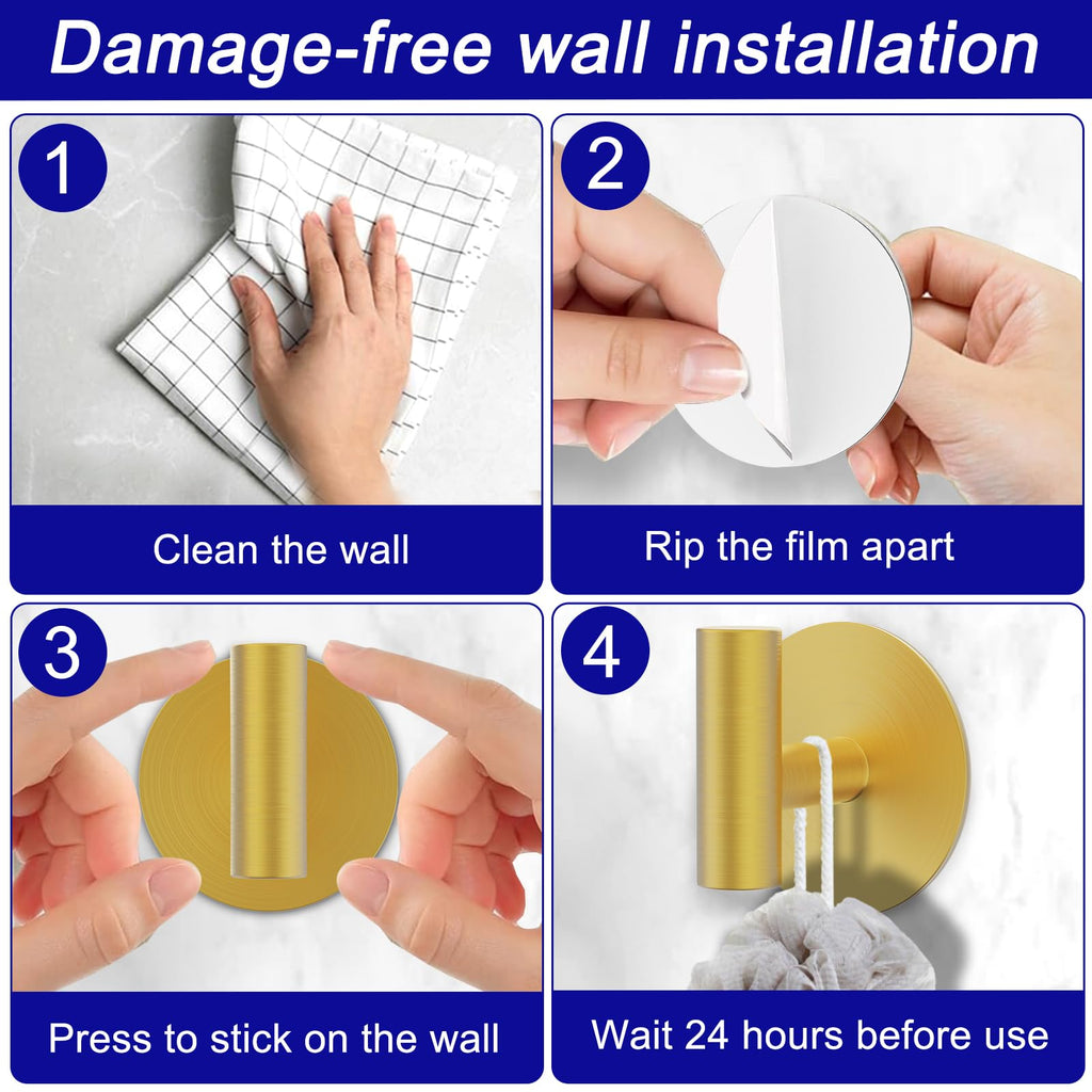 Bntuk Wall Towel Hooks, Adhesive Hooks for Coat Waterproof Shower Hooks, Sticky Hanger Hook for Hanging Coat, Clothes, Robe, Towel Hooks for Bathroom Glass Window - 4 Pack, Gold