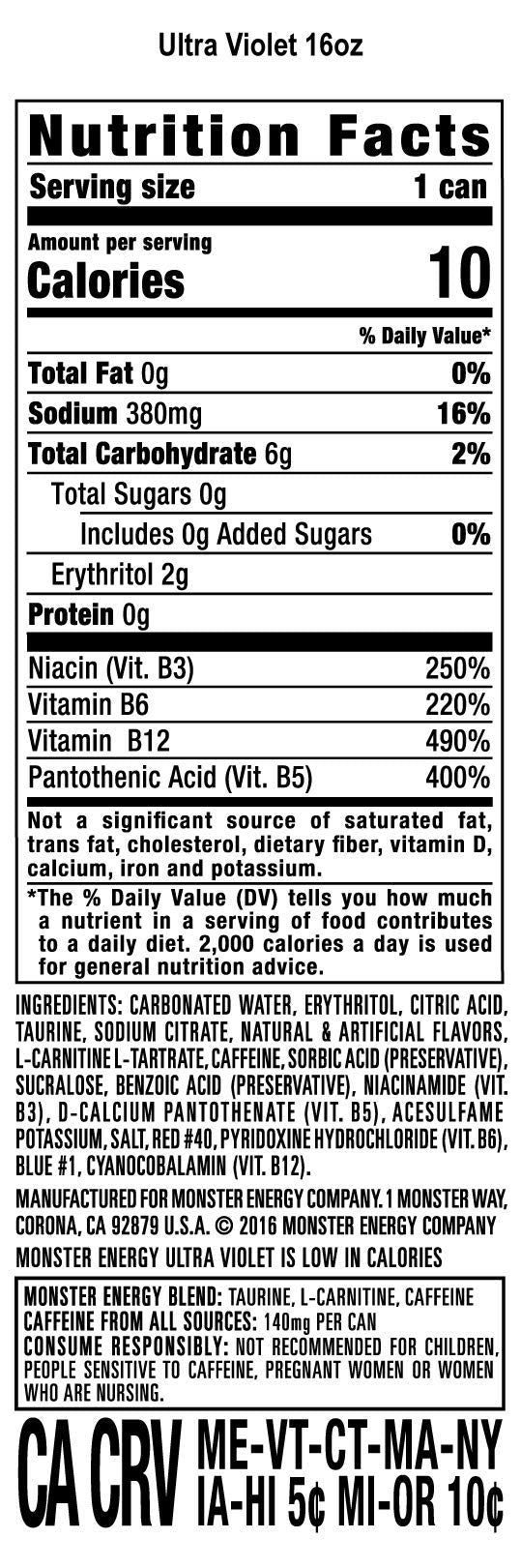 Monster Energy Ultra Violet, Sugar Free Energy Drink, 16 Ounce