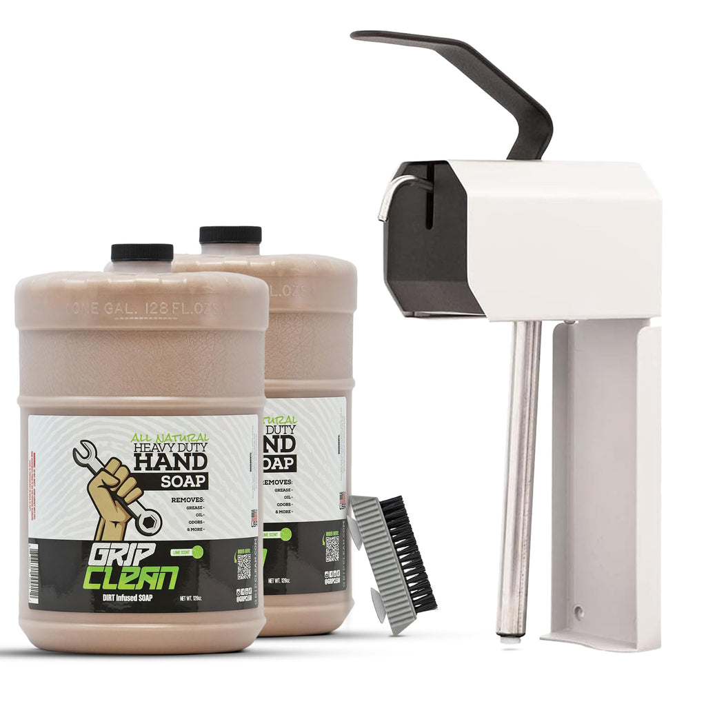 Grip Clean 4 Pk Combo – Hand Cleaner for Mechanics with Wall-Mounted Soap Dispenser + 2 Gallons Heavy-Duty Liquid Pumice Hand Soap, Natural Clay & Coconut Oil for Auto Mechanics, Industrial, & Garage
