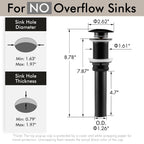 KES Bathroom Sink Drain Without Overflow Vessel Sink Lavatory Vanity Pop Up Drain Stopper Matte Black for 1.6"-1.9" Sink Hole, All Metal Rustproof Brass and 304 Stainless Steel, S2008D-BK