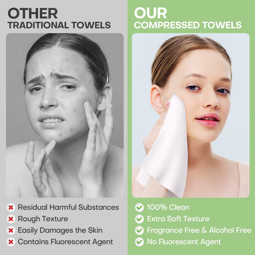 Fancyou Compressed Towel Tablets 200 Count, Thicken Disposable Face Towel with 2 Carry Cases, Biodegradable & Compact, Cotton Clean Face Towels for Outdoor Camping Hiking Travel Gym BBQ Home