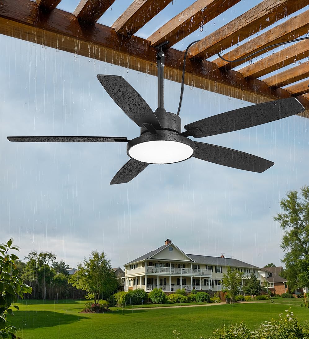 Fanbulous 52'' Outdoor Ceiling Fans with Light and Remote,IP65 Wet Rated Waterproof Ceiling Fan with 6-Speed DC Motor, Farmhouse Gazebo Fan for Porch Patios Pavilion(Black)