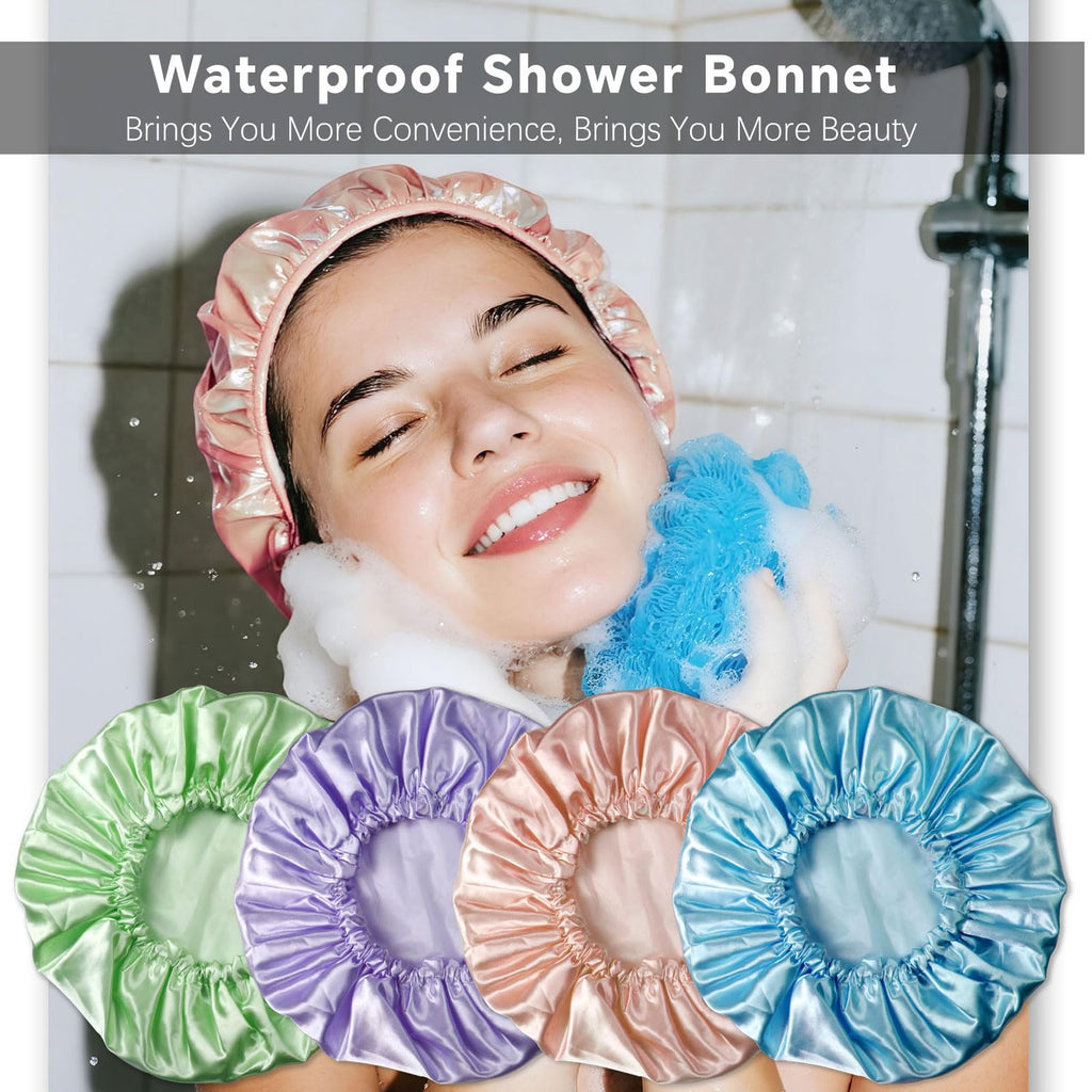 Smilco 4 Pack Shower Caps for Women, Reusable Waterproof Double Layer Bath Cap, Large EVA Elastic Hair Cover for Shower, Fits Long Hair & Braids, for Spa & Home