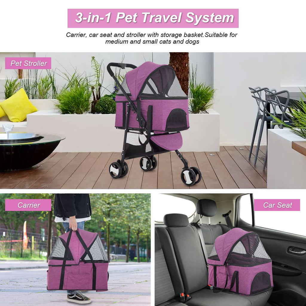 BestPet 3-Wheels Premium 3-in-1 Multifunction Pet Stroller for Medium Small Dogs & Cats - Detachable Carrier, Lightweight Folding Travel Stroller, Purple