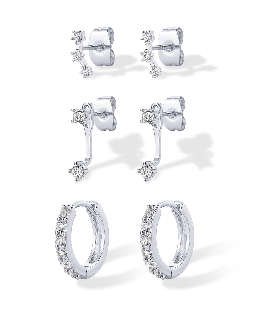 PAVOI 925 Sterling Silver CZ Statement Huggie Earring Set, White Gold