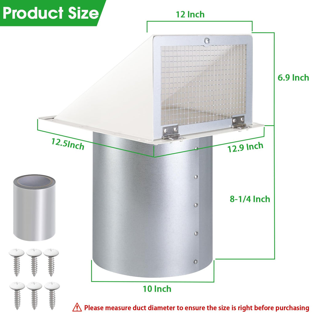 JYINCPED 10 Inch Hooded Wall Vent with Screen and Damper,Galvanized Steel Exterior Wall Exhaust Vent Cover Cap for Kitchen Range Hood Duct Ventilation Outside Air Exhaust Applications,White
