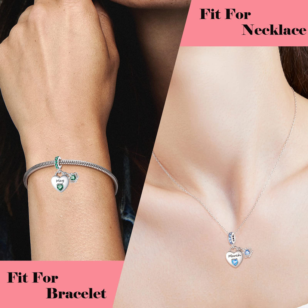 Birthstone Dangle Charms: 925 Sterling Silver Heart Bead Charms for Pandora Bracelets and Necklaces, Birthday Mother's Day Christmas Jewelry Gifts For Women (July)