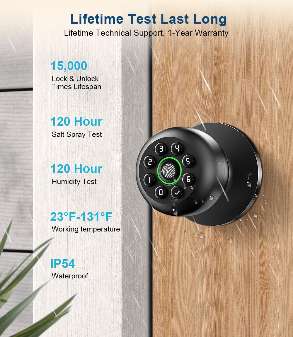Fingerprint Door Lock, Smart Fingerprint Door Knob with Keypad, Biometric Door Lock with App Control, Auto Lock Door Lock with Code, Keyless Door Knob with Lock for Bedroom, Home-K10plus Matte Black