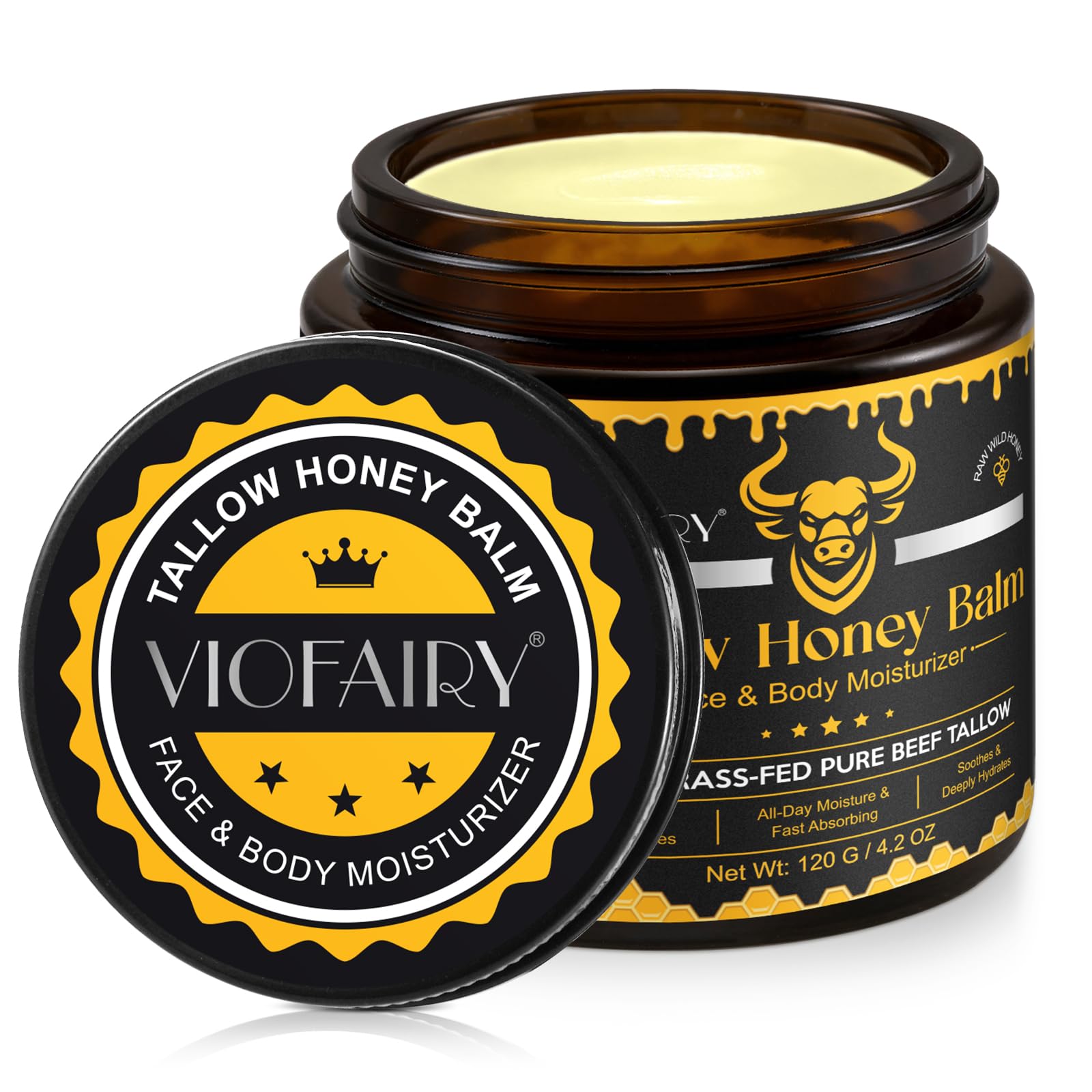 Beef Tallow for Skin, Whipped Tallow Honey Balm for Face -Grass Fed Beef Tallow & Raw Wild Honey - Organic Moisturizer for Soft, Smooth Skin- Light Scent, Moisturizing Natural Formula, 4.2 Oz