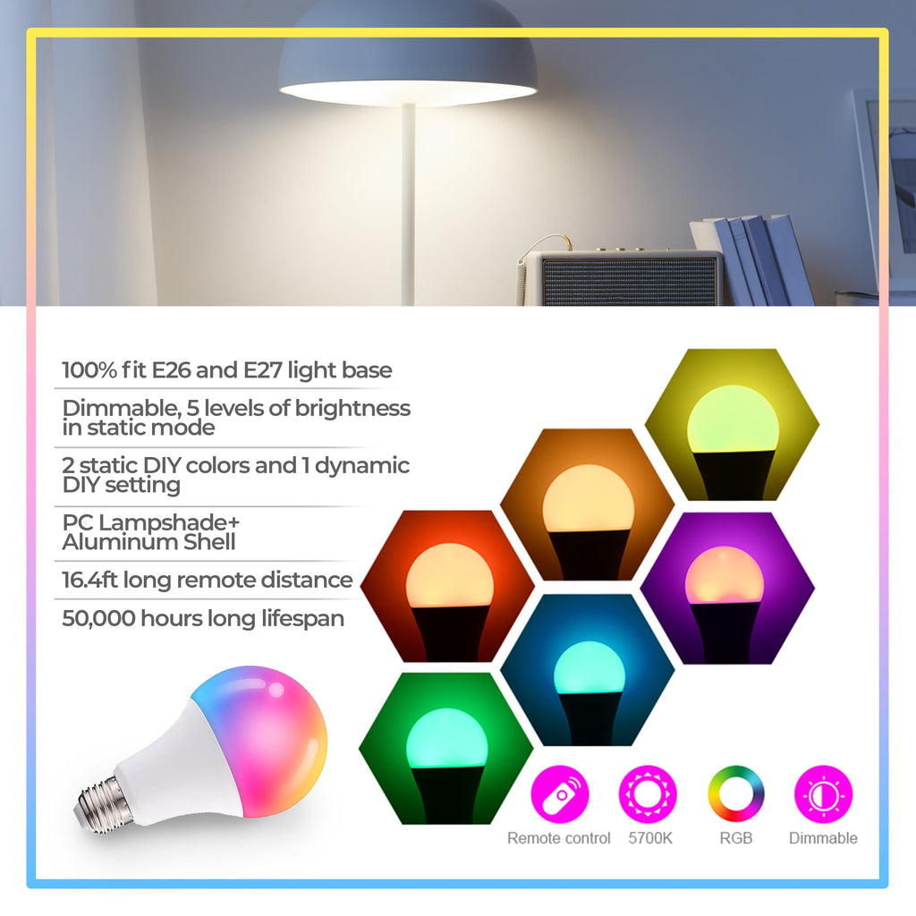 Dimmable E26 Warm LED Light Bulb, 6W RGBW Color 500LM with 16 Color Changing Modes for Christmas, Party etc with Remote Control 2 Pack