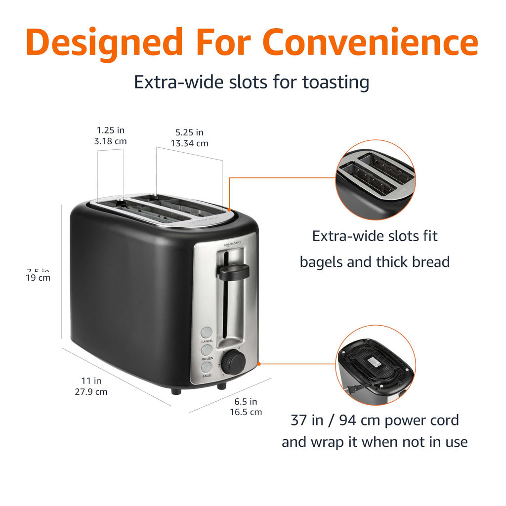 Amazon Basics 2 Slice Toaster, Extra Wide Slots for Bagels, 6 Browning Settings, Removable Crumb Tray, Defrost/Cancel/Bagel Buttons, Cord Wrap, 900W, Black & Silver